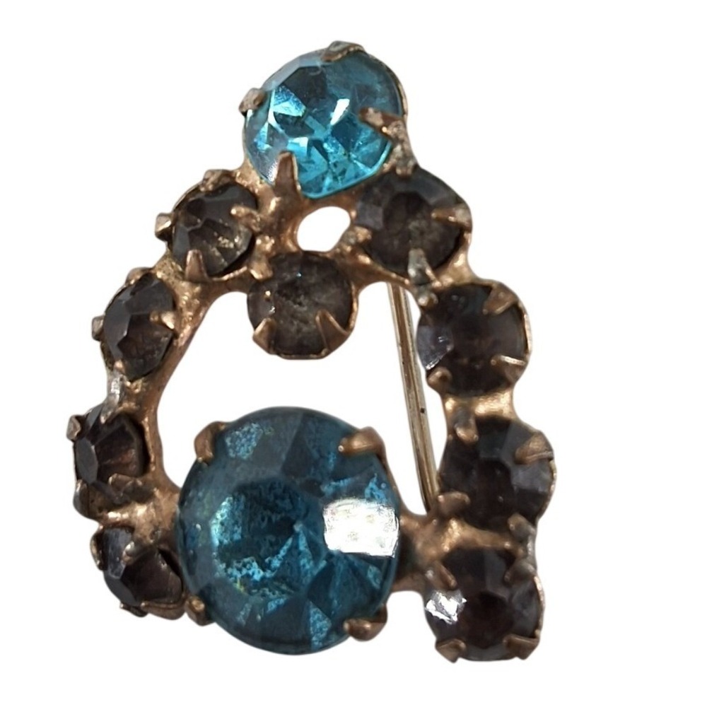 Vintage 1960s‎ Gold Tone Blue Smoky Grey Rhinestone Abstract Cluster Brooch Pin